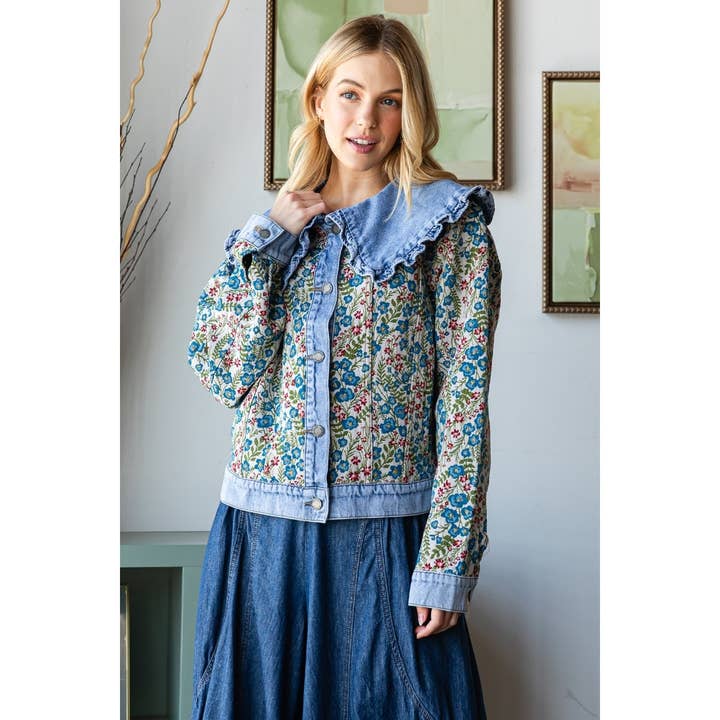 Vintage Jacquard Ruffle collar Denim Jacket for wholesale on Faire