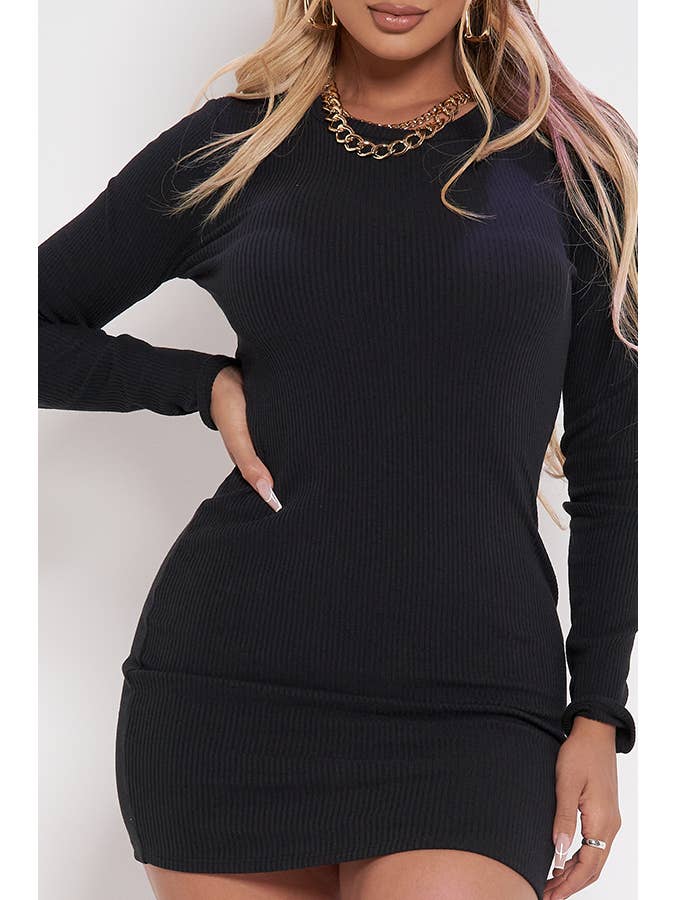 Junie - Wholesale Dress - Women's - RIB KNIT ROUND NECK LONG SLEEVE DRESS AD24675
