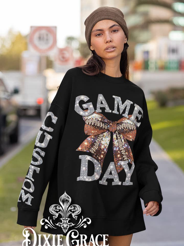 Custom Game Day Bling Football - Black - Youth, Long Sleeve, Sweatshirt, Hoodie Option - Graphic Tee for wholesale by Dixie Grace
