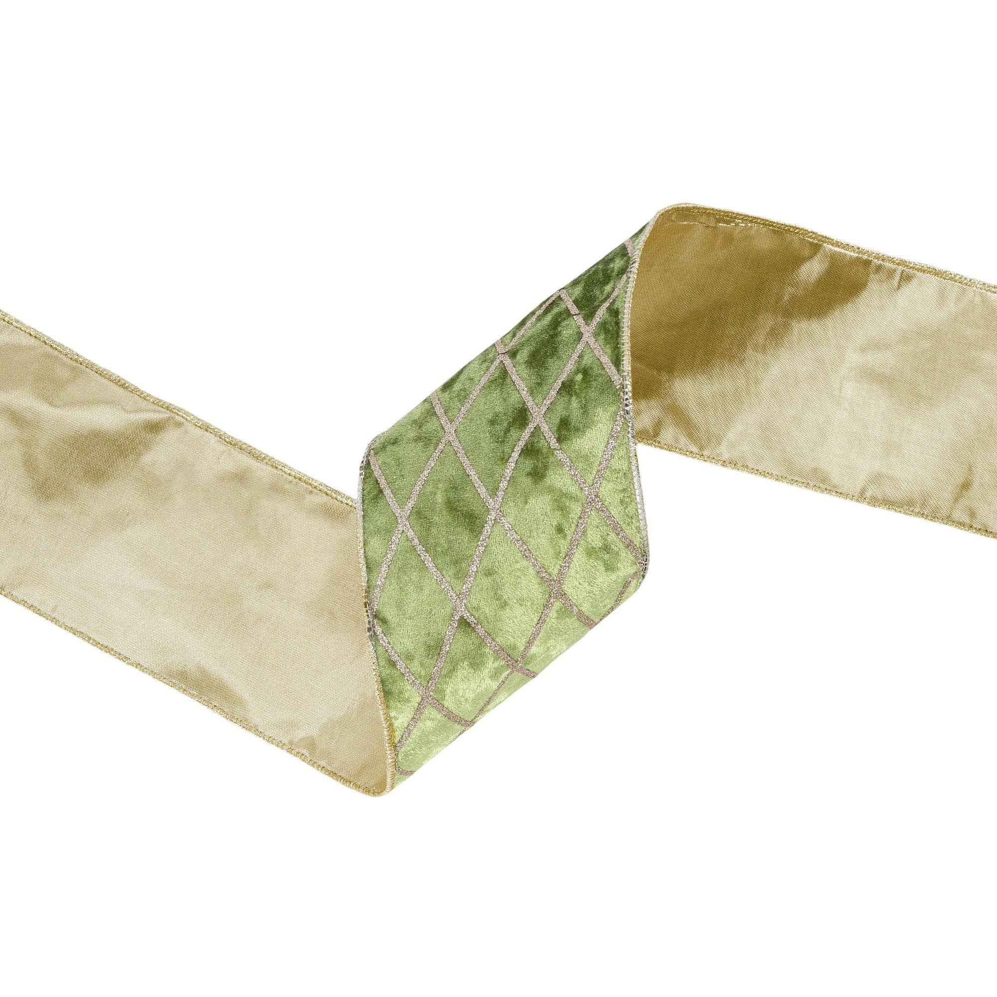 LA Ribbons Wholesale - Wholesale Ribbon - Gift Wrapping - 4" Wired Velvet Ribbon | Willow Green with Glittered Diamond | 10 Yard Roll3