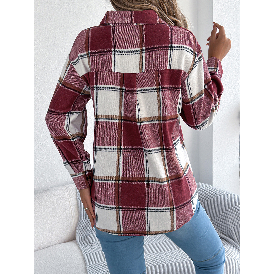 UNISHE – wholesale Jacket – Women's – Fall Plaid Faux Pocket Long Sleeve Mid-Length Jacket BJS2776