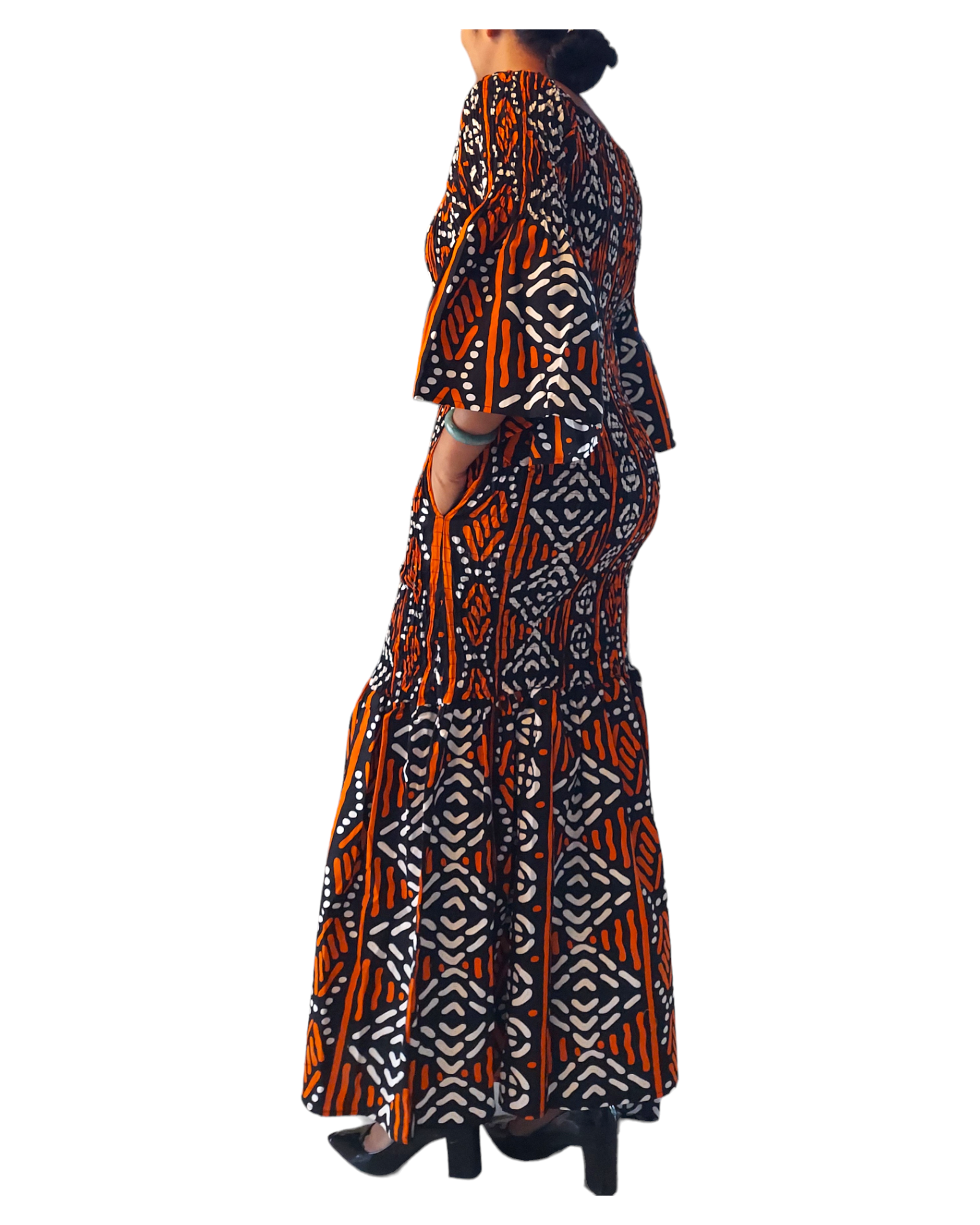 India Batik – Großhandel Kleid – Damen – 9008 Kittelkleid im Meerjungfrauen-Stil mit Tribal-Print3