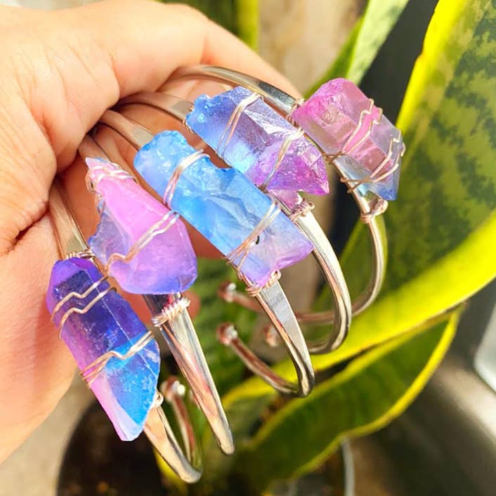 Silver Crystal Cuff Crystal Bangle Bracelet Pink Aura Quartz for wholesale by Etymology Jewelry