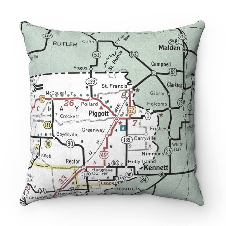 Piggot Arkansas Map Pillow – 18" Square Throw Pillow for wholesale by Daisy Mae Designs