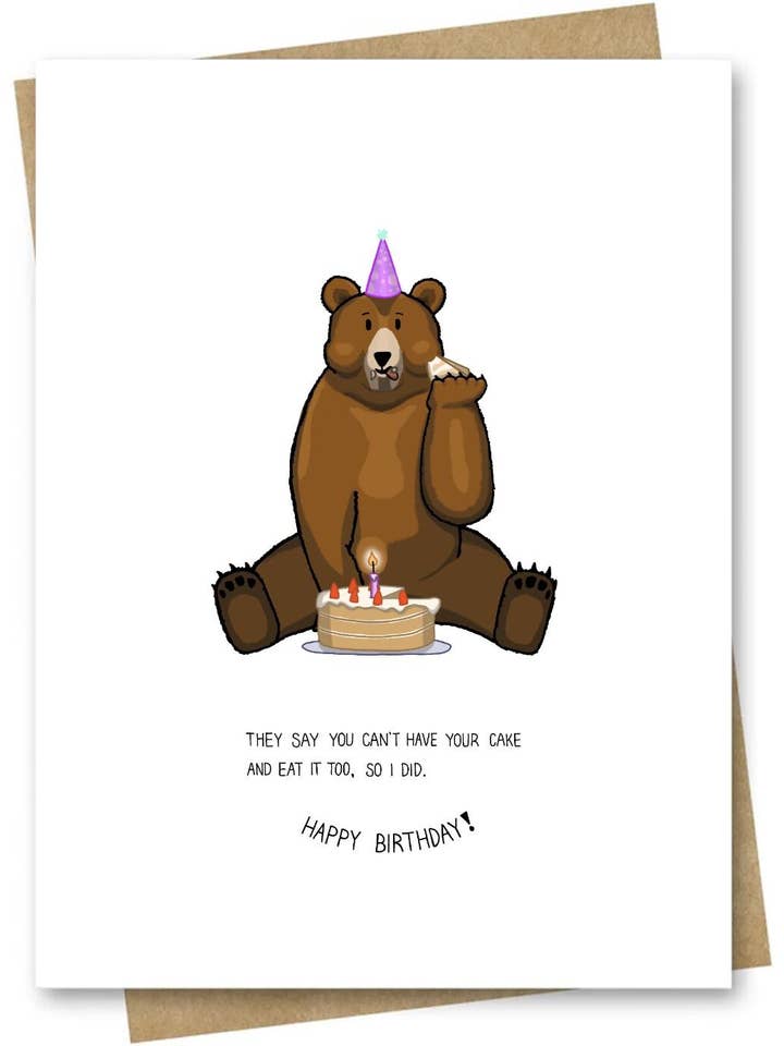 Funny Birthday Card — Bear Eating A Cake for wholesale by LittleStudioInElora