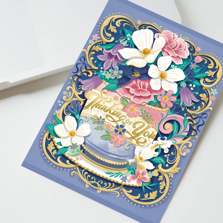 Pensées pour toi - Carte de vœux Tasse de thé victorienne pour la vente par To & From Gift Co.