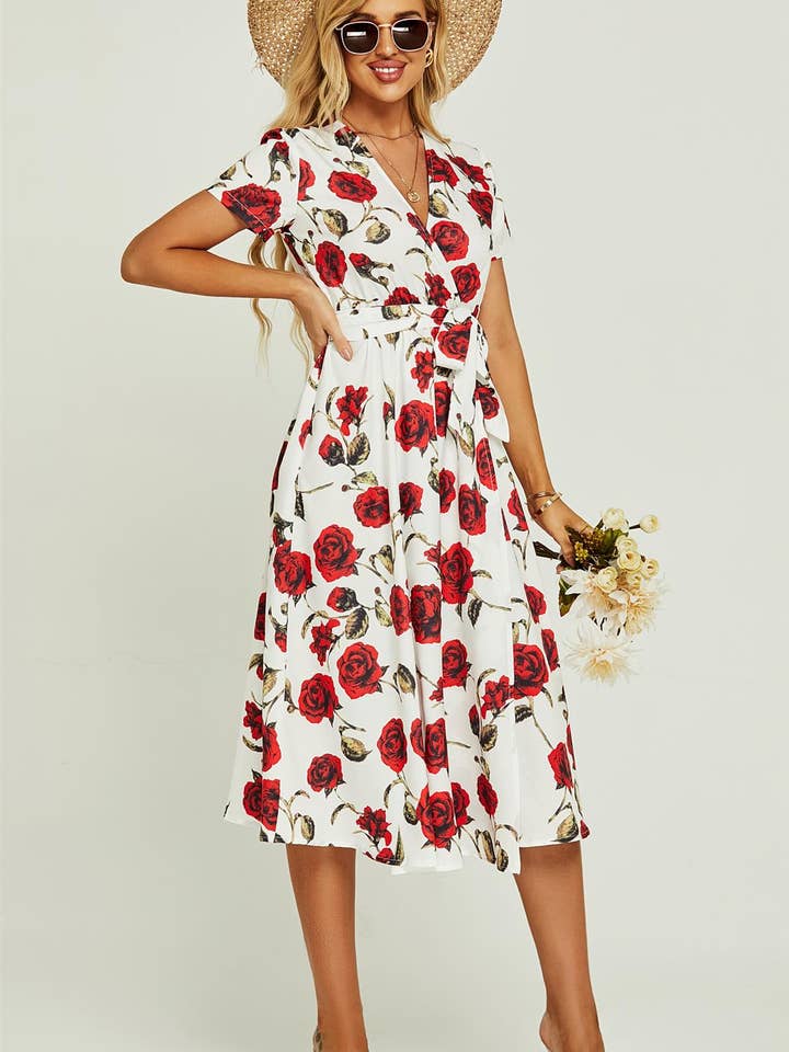 FS Collection - Wholesale Dress - Women's - Red Floral Print High Waist Wrap Midi Dress In White