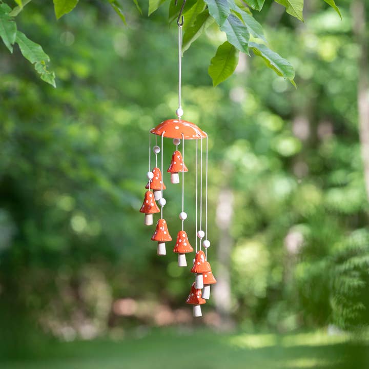 Garden of Wonder Outdoor Hanging Décor, Ceramic Red Mushroom for wholesale by Evergreen Enterprises