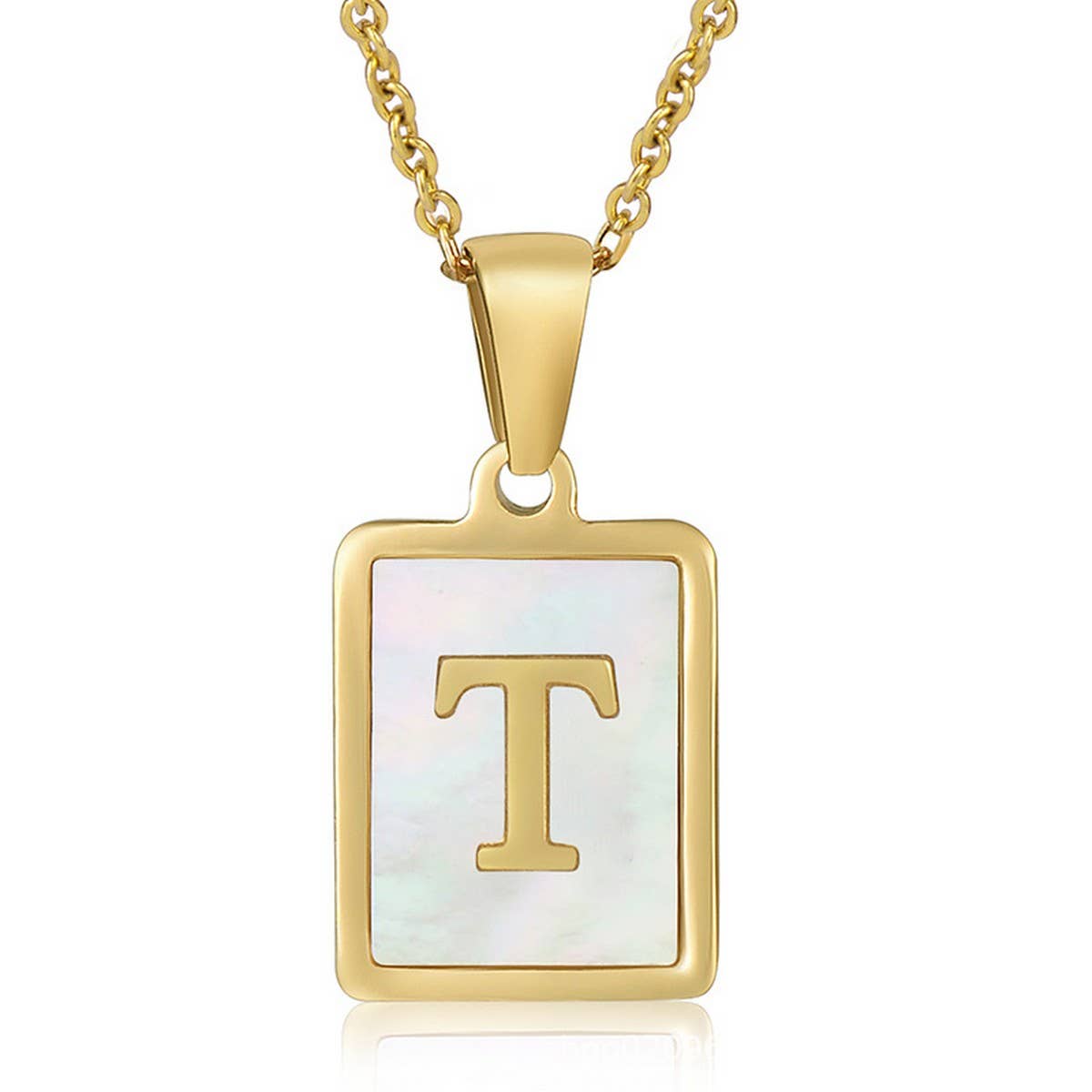 NINEXIS - Wholesale Pendant/Charm Necklace - CWAJE1917_Square Stainless Steel White Shell Letter Necklace20