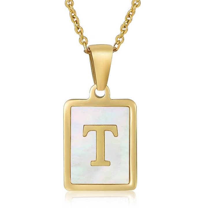 NINEXIS - Wholesale Pendant/Charm Necklace - CWAJE1917_Square Stainless Steel White Shell Letter Necklace20