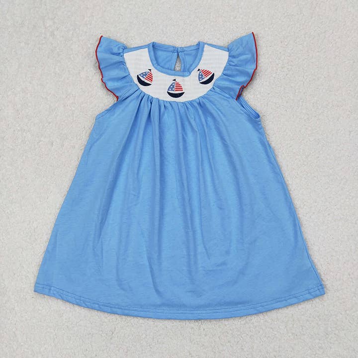 Aier Wholesale - Wholesale Dress - Kids - Smocked Baby Girls 4th Of July Sailboats Knee Length Dresses