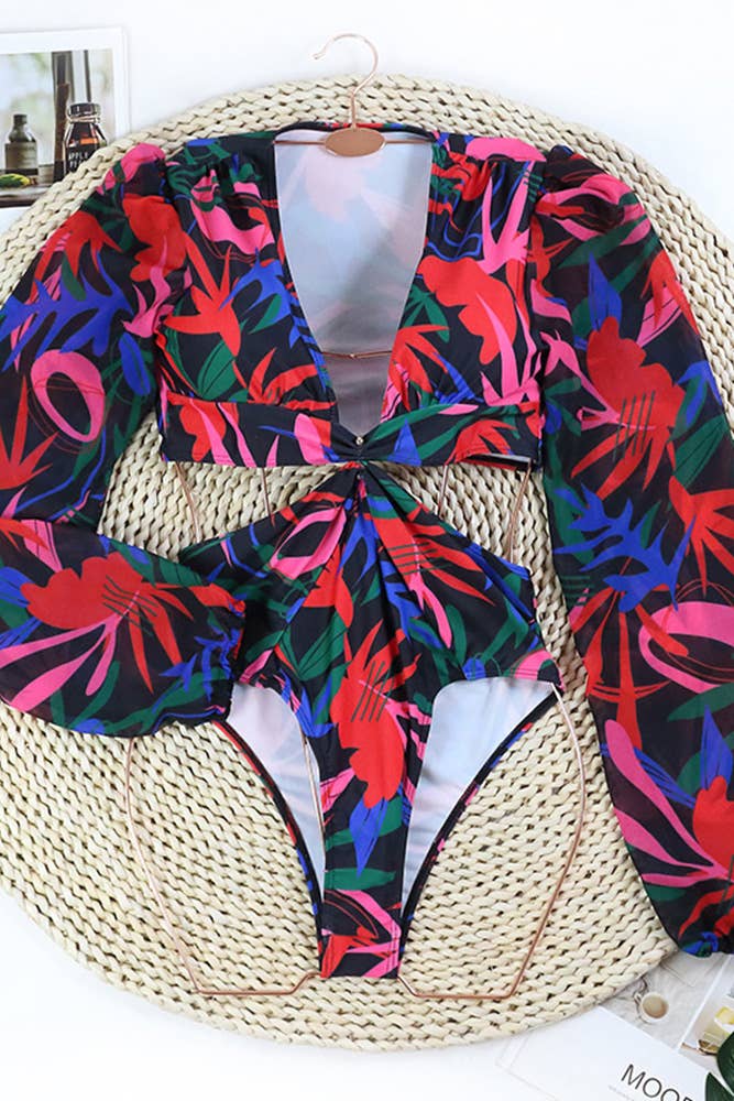 Red Twisted Hollow Out Waist One Piece Floral Swimsuit JSN024 for wholesale on Faire1