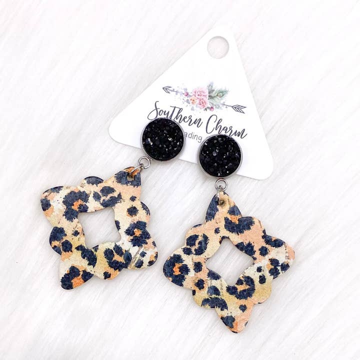 2.25" Black and Golden Leopard Dangle Lacies (cork) -Earrings for wholesale by Doohickies