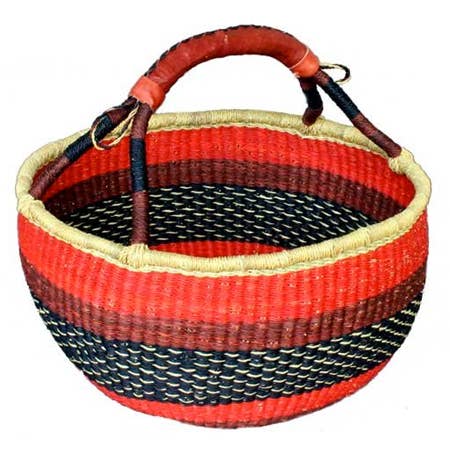 African Market Baskets - Wholesale Basket - G-159A: Large Round Basket W/Leather Handle = 4 Per Case
