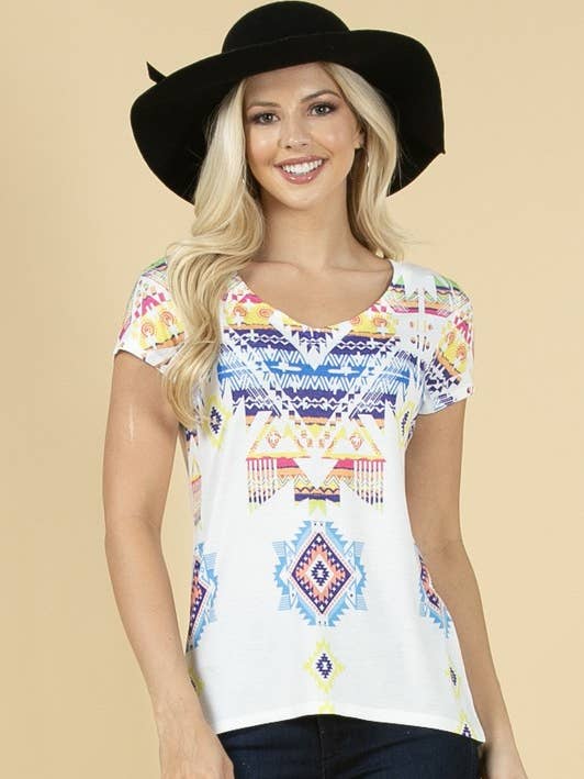 AV078-CHARLIZE AZTEC PRINT GRAPHIC V NECK SS TEE for wholesale by Avery
