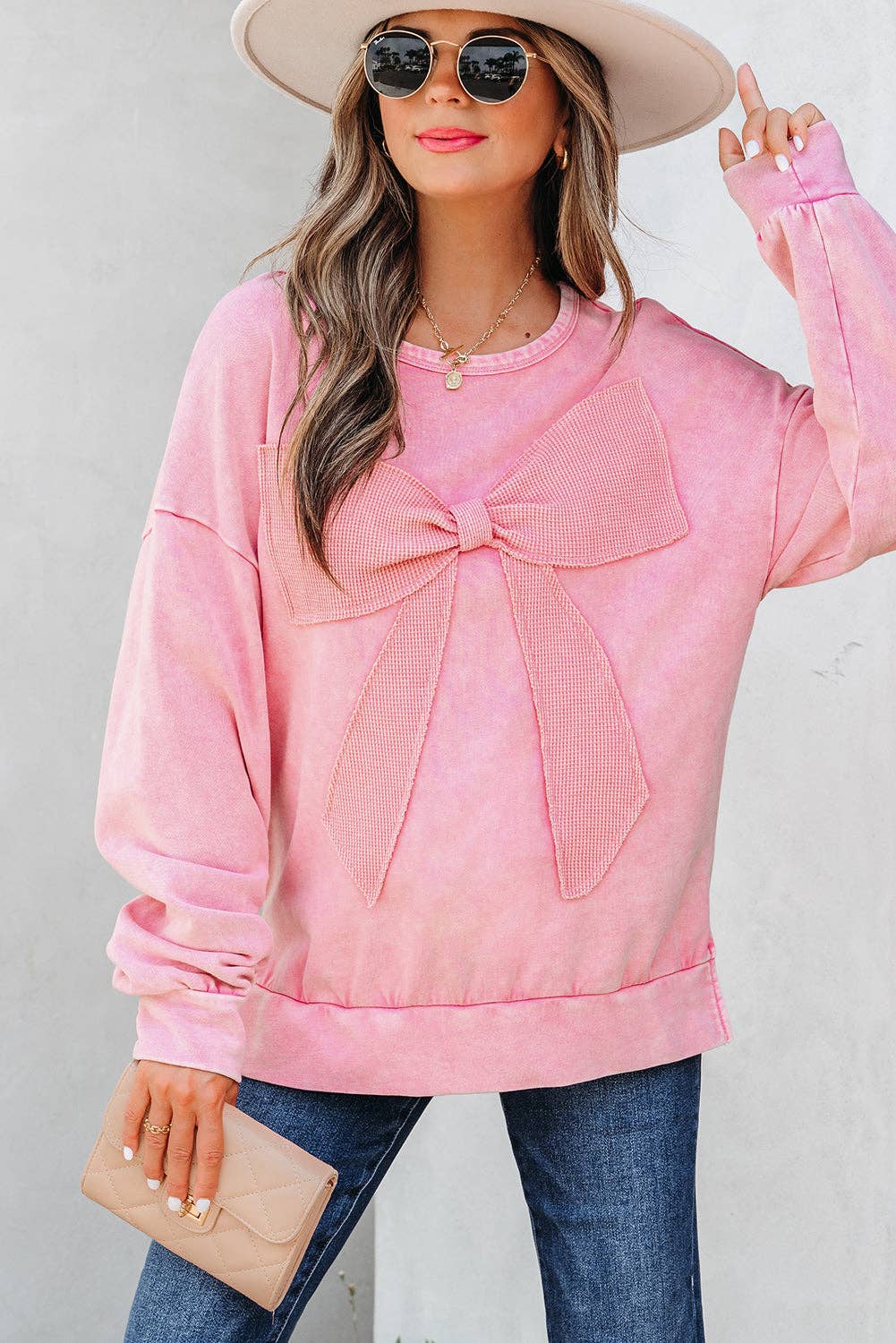 PRETTY BASH – wholesale Sweatshirt – Women's – Solid Bow Patchwork Mineral Wash Sweatshirt13
