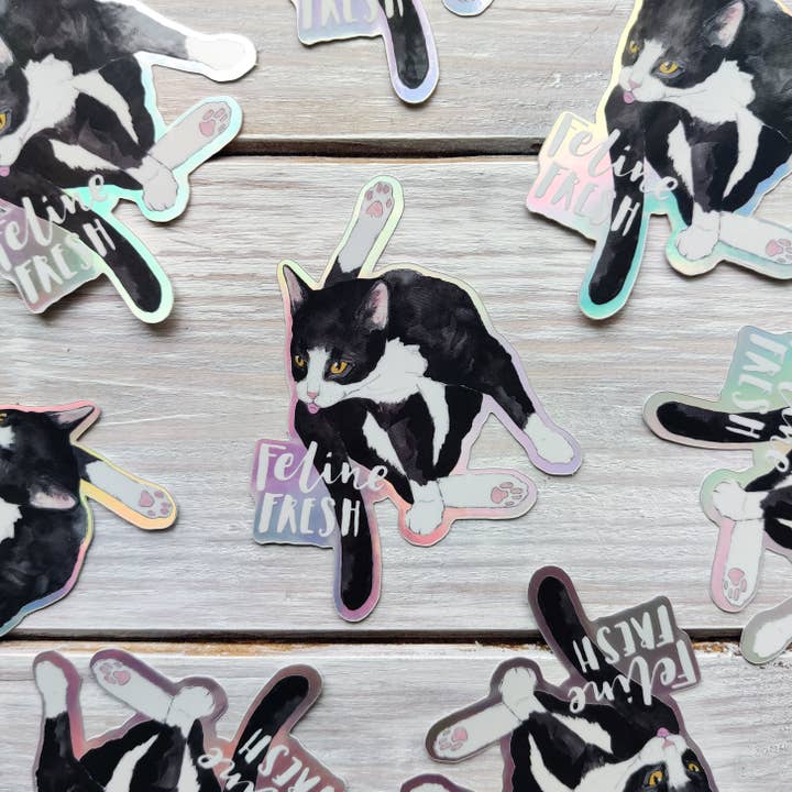 Cat 'Feline Fresh' Holographic Cat Vinyl Sticker for wholesale by Crabapple Moon