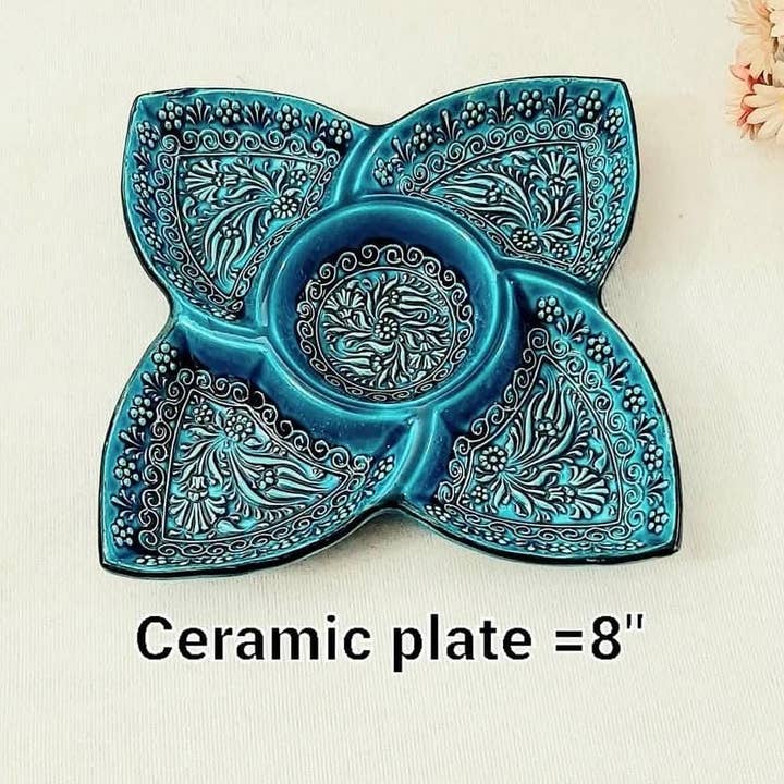 Hand-Embossed Turkish Ceramic 5-Section Mezze Platter – 8” for wholesale by Mediterranean Collection
