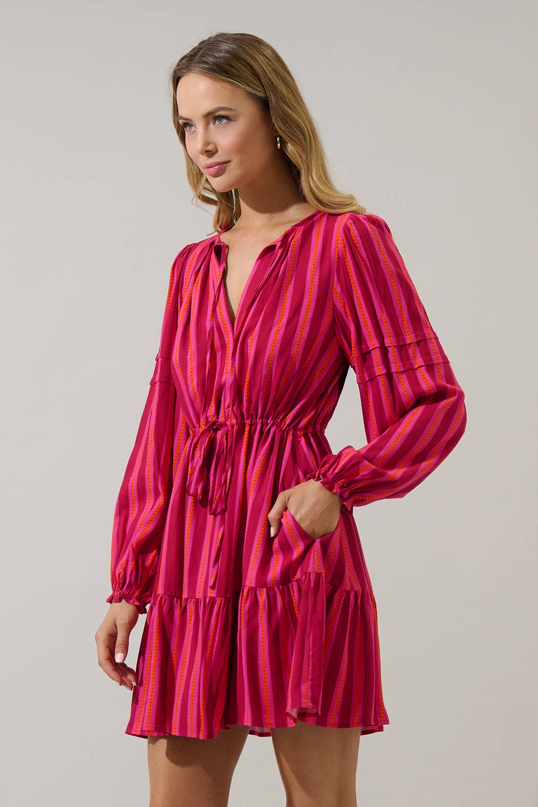 FUCHSIA ORANGE Clarisa Stripes Lomie Drawstring Mini Dress for wholesale on Faire2
