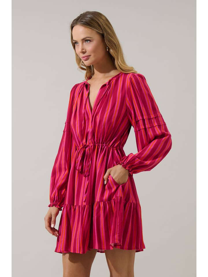 FUCHSIA ORANGE Clarisa Stripes Lomie Drawstring Mini Dress for wholesale on Faire2
