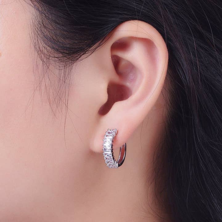 Aim Eternal - Wholesale Huggie Earrings - Mini Cz Hoop Earring, Baguette Hoop Earrings, 18k Gold Filled Baguette Huggies Small Hoop T-273 AD-035