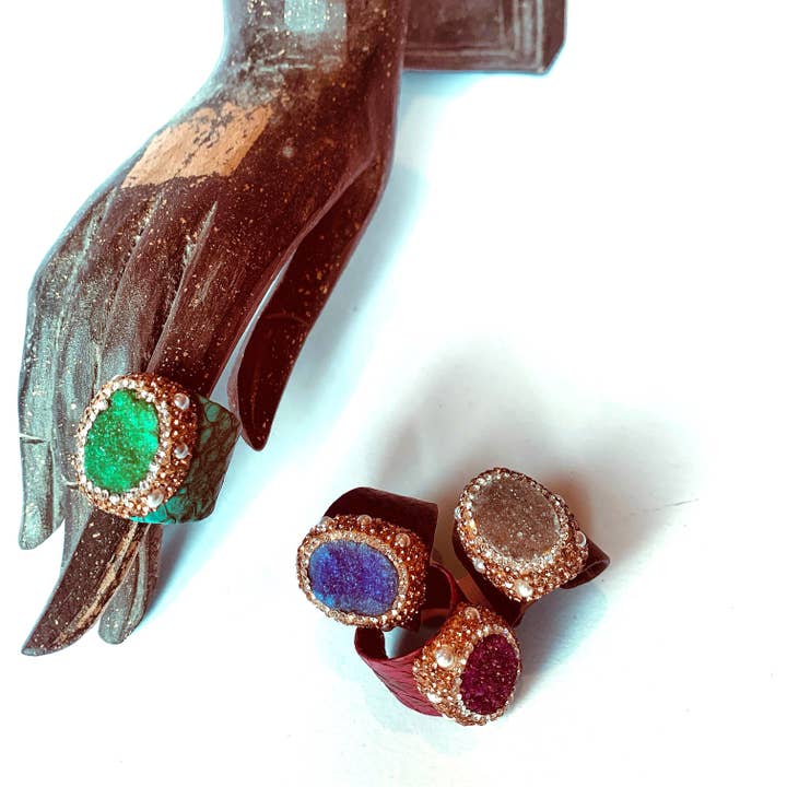 ISANA DRUSA Cabochon ~ NATURAL HARD STONE BAND RING covered with snake print eco-leather for wholesale by Atisha Spiritual Shop