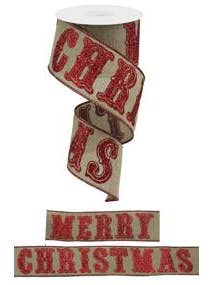 2.5"X10YD GLITTER MERRY CHRISTMAS/ROYAL - LT BEIGE/RED - RGA116201 for wholesale by General Wholesale Inc