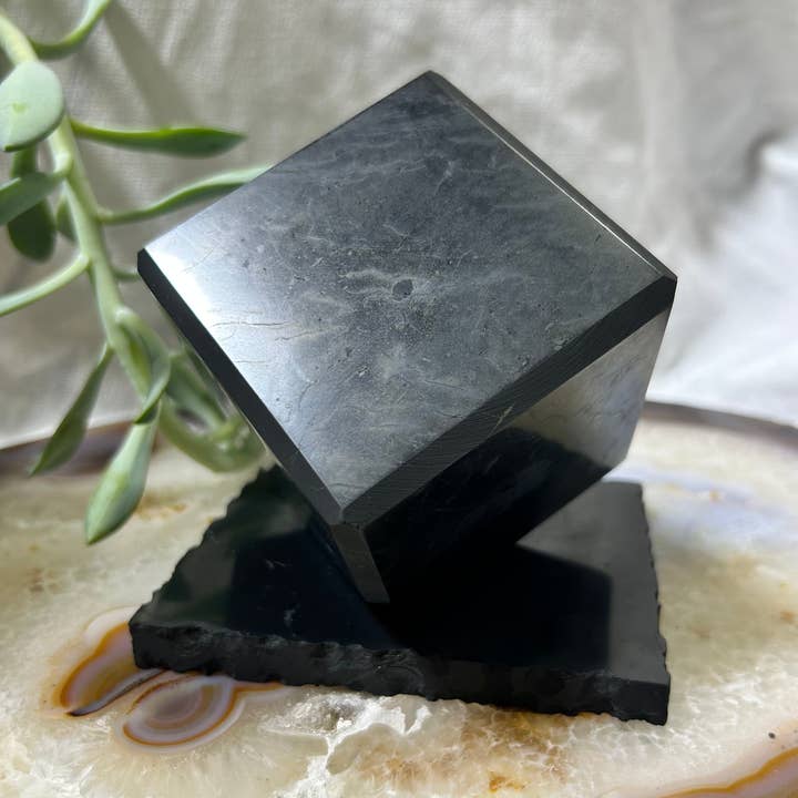 Shungite Cut Cube on Stand 7cm for wholesale by Quasar Gems USA