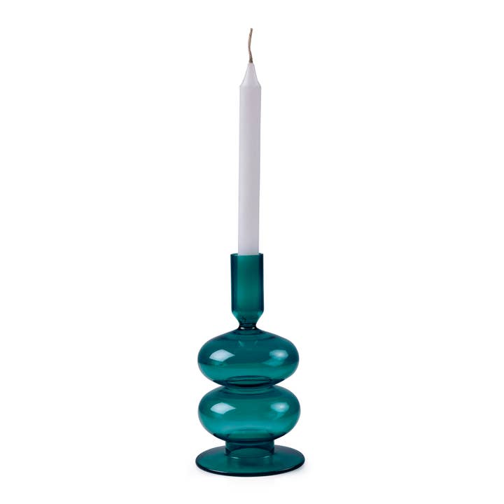 Casa Amarosa - Wholesale Candle Holder - Retro Wavy Glass Candle Holder- 7 x3.5 Inches, Teal