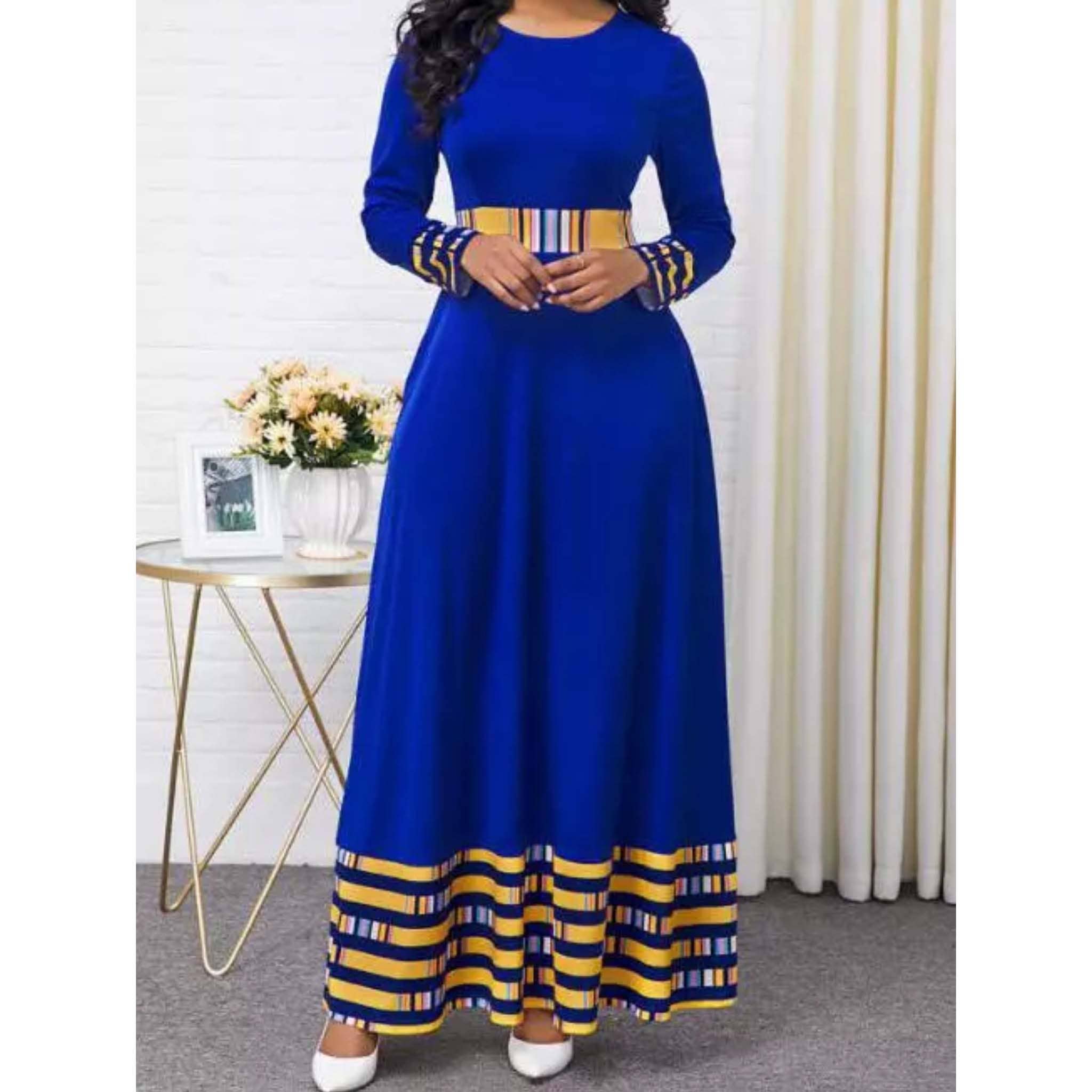 Blue Dashiki Formal Long Sleeved Maxi Dress for wholesale on Faire2