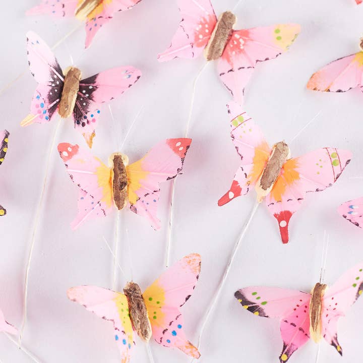 Factory Direct Craft – Engroshandel Kunstige blomster – Assorterede lyserøde fjer-sommerfugle (pakke med 12)3