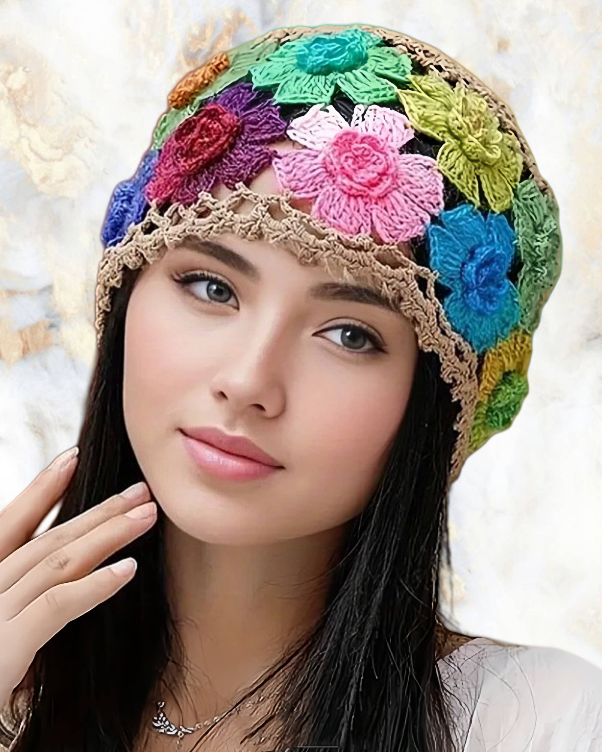 JC Sunny Fashion – Engroshandel Beanie - Dame –  Farverig 3D Vintage udhulet Boho blomsterhæklet hue  2