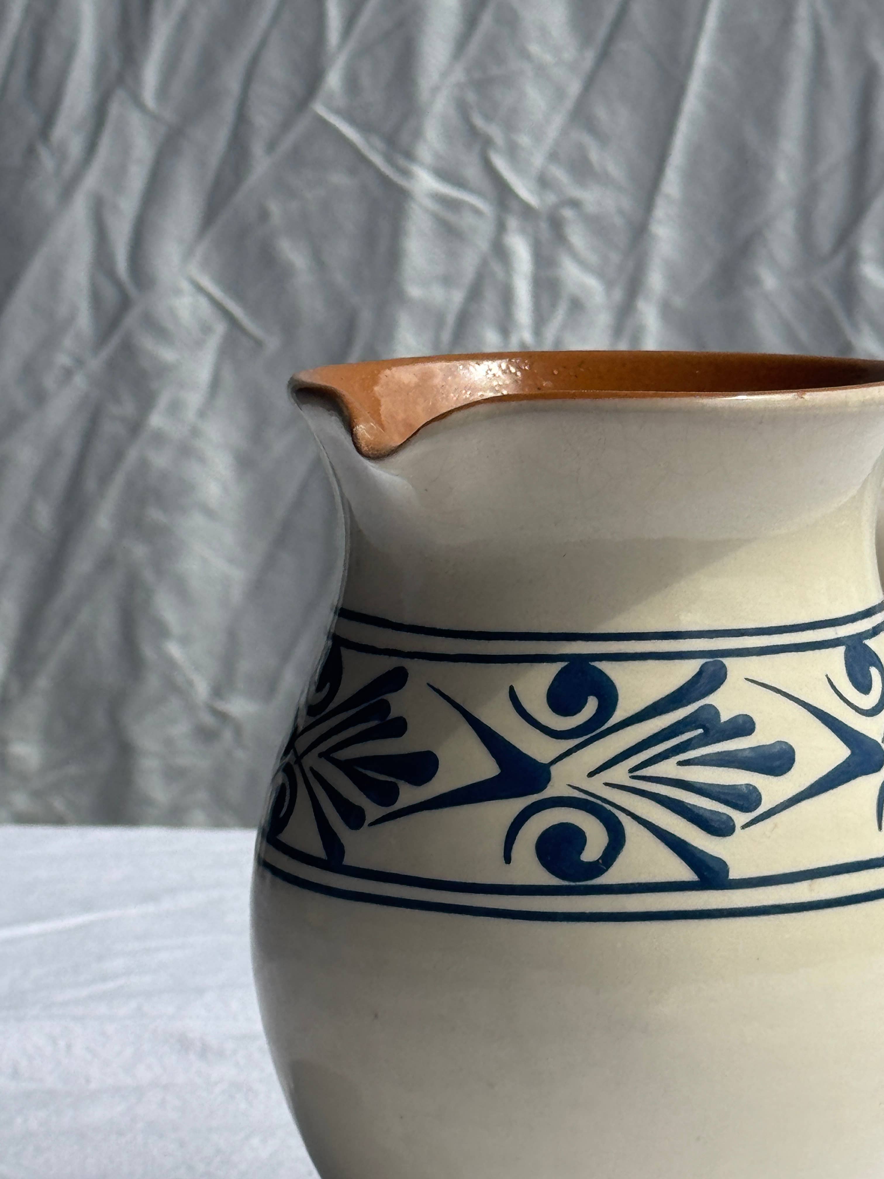Office Objets - Wholesale Pitcher - Vintage white pitcher with stylized blue vegetal frieze H17.53