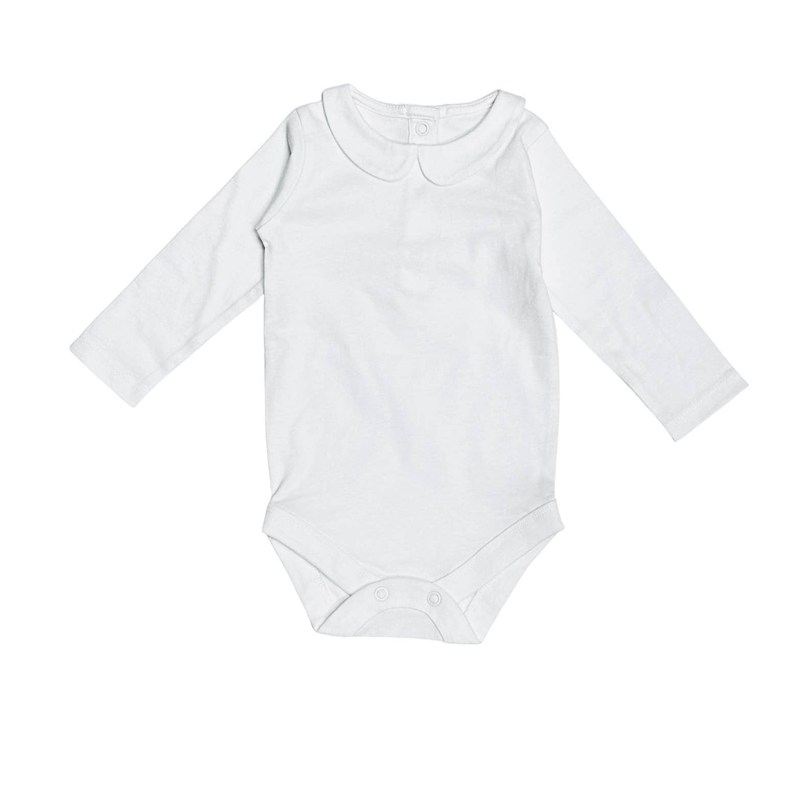 Soft White Basic Peter Pan Long Sleeve Baby Bodysuit (Organic Cotton) for wholesale on Faire0