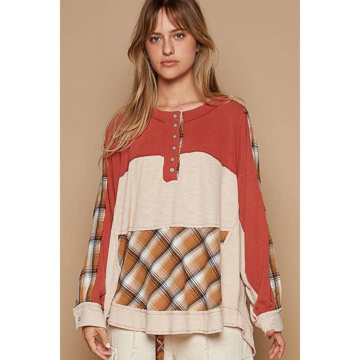 Pol Clothing - Wholesale Knit Top - Women's - Round neck long sleeve plaid knit top SALE