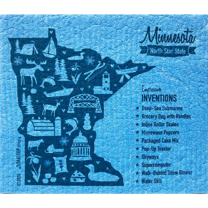 Fun Minnesota Map with Inventions Blue Swedish Dishcloth for wholesale by Soak iT Up Eco-friendly Greetings + Gifts
