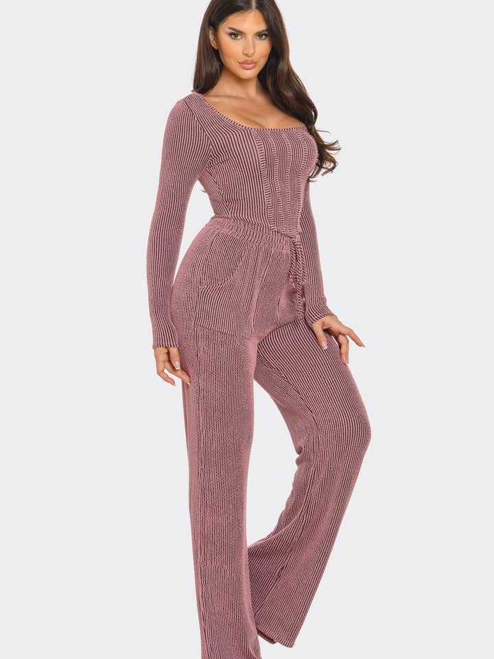 Julia by LoveJ - Wholesale Lounge Set - Women's - Prime Rib Striped Pattern Top And Pants Set