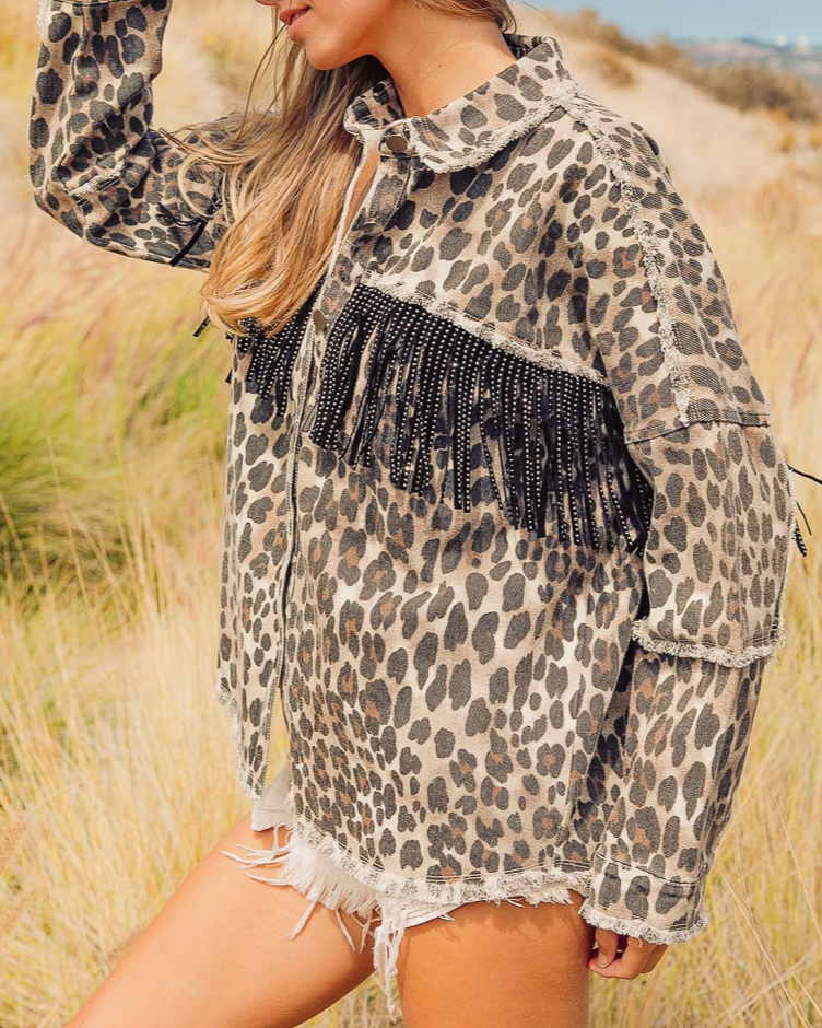 leopard fringed washed oversized denim jacket for wholesale on Faire3