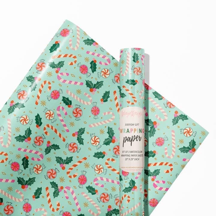 KelseyMDesigns - Wholesale Wrapping Paper Roll - Christmas Candy Canes Wrapping Paper - 3 Sheet Roll