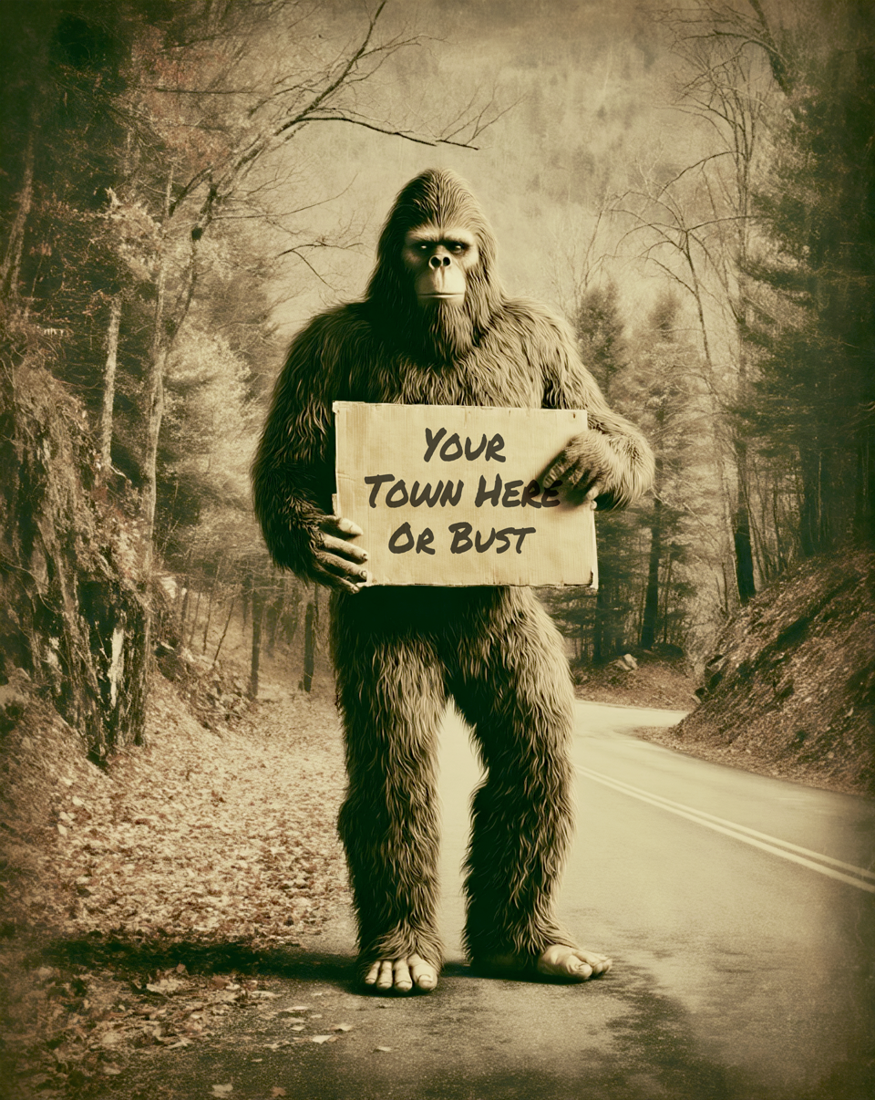 Mowbi - Wholesale Art Print - Custom Bigfoot Hitchhiking on Woodland Road Wall Art Print0
