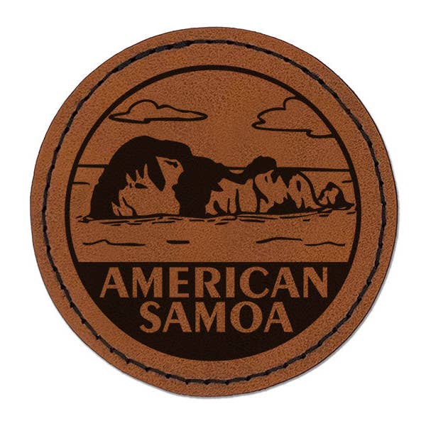 American Samoa Pola Island Country Destination Round Iron-On Engraved Faux Leather Patch Applique - 2.5 Inch - Brown for wholesale by Sniggle Sloth