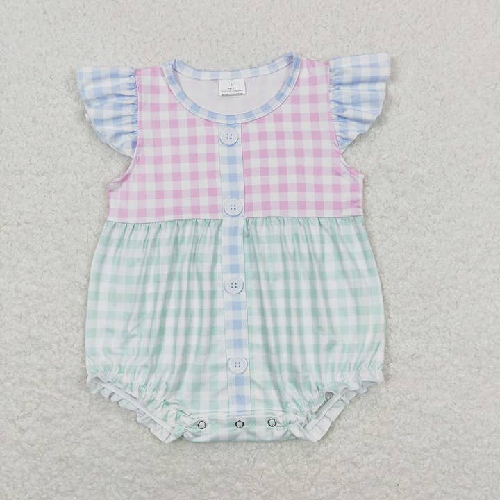 Baby Infant Girls Pink Green Checkered Rompers for wholesale by Aier Wholesale
