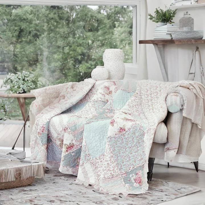 DaDa Bedding Cotton Cottage Floral Patchwork Quilted Throw Blanket - Reversible Hint of Mint - Ruffle Pastel Light Pink Blue/Green - 50 x 60 for wholesale by DaDalogy Bedding