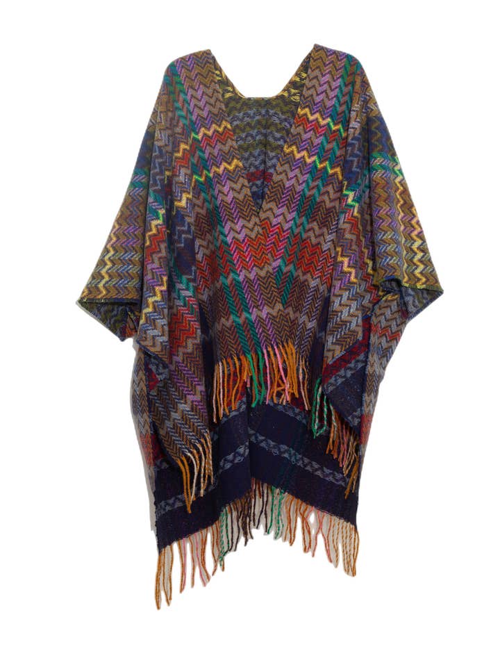 ePretty - Wholesale Poncho - Women's - Multi Color Chevron Printed Knit Wrap with Tassels Z1-PJP125