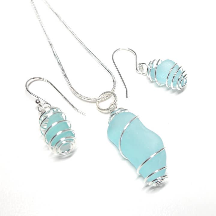 Spiral Wrapped Sea Glass Smycken Set - Halsband och Örhängen för wholesale av West Coast Sea Glass