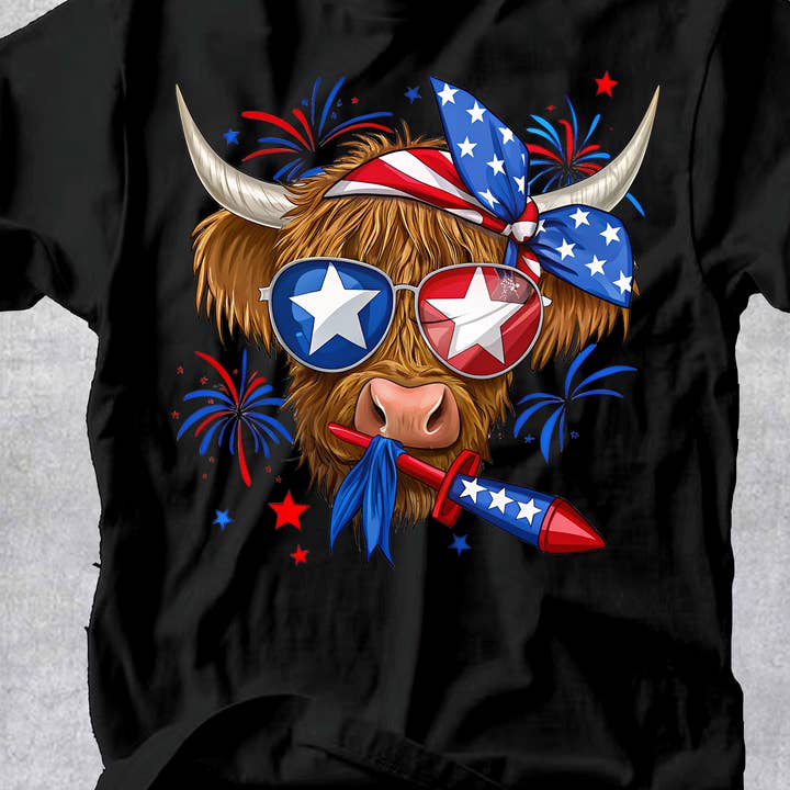 DTF Patriotic Highland Cow Transfer for wholesale by rnsublimation