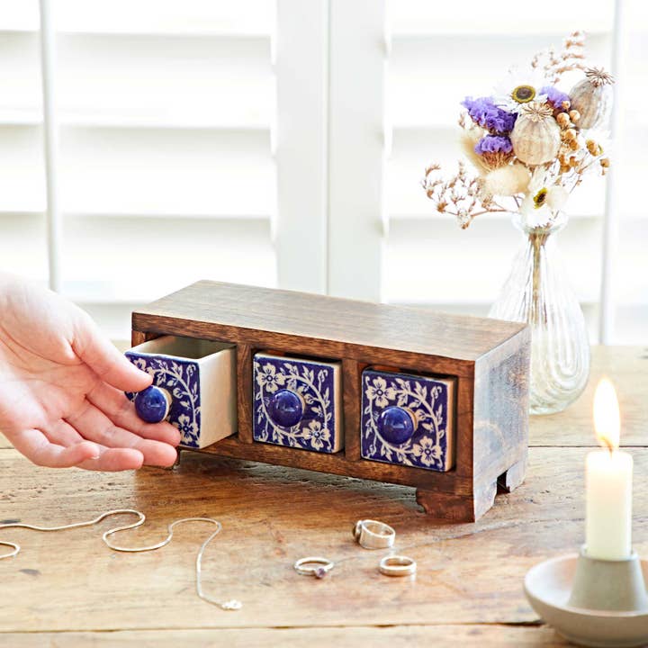 The Paper High Gift Company Limited - Wholesale Jewelry Box/Organizer - Mango Wood And Ceramic Set Of Drawers - Jewelry Box