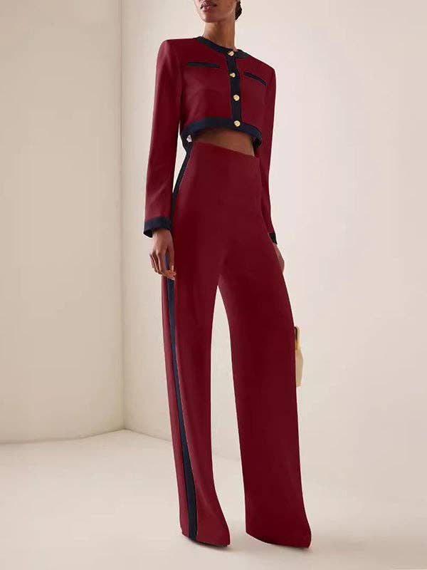 Sheer Trend – Engroshandel Top- og buksesæt (IKKE Loungewear) - Dame – Langærmer Knappede split-joint rundhalsede bluser og skjorter Toppe + Bukser med høj talje Nederst i to dele1