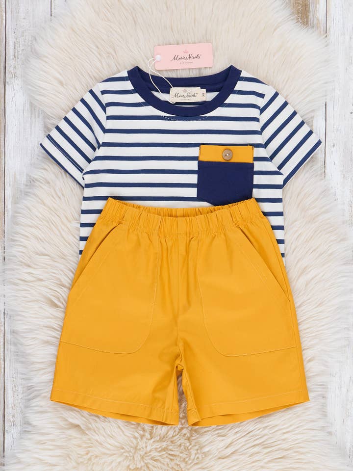 Marie Nicole Clothing - Wholesale Top & Short Set - Kids - Nautical Stripes Pocket Outfit Blue
