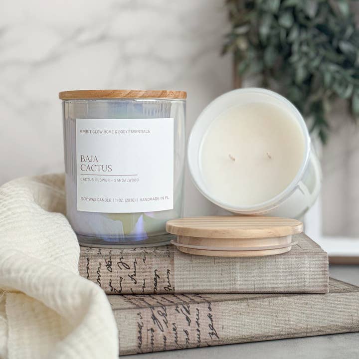 Spirit Glow Home & Body Essentials – wholesale Jar/filled candle – Baja Cactus - 11 oz. Iridescent White Glass Soy Candle 1